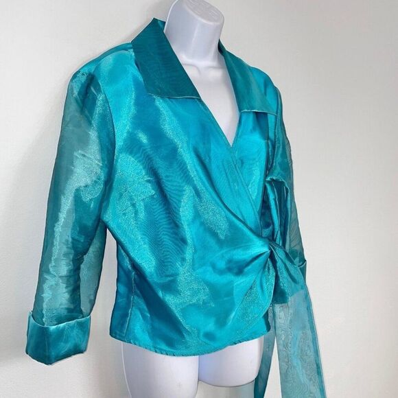 Vintage Helene Blake Womens Jacket Wrap Top XL Petite Blue Sheer - Picture 4 of 10